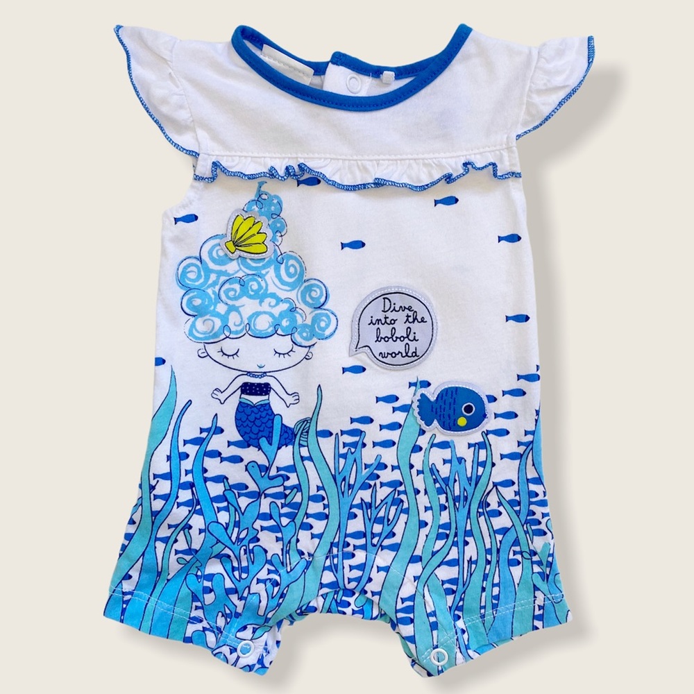 Boboli Newborn White and Blue Under the Sea Graphic Shortie Romper